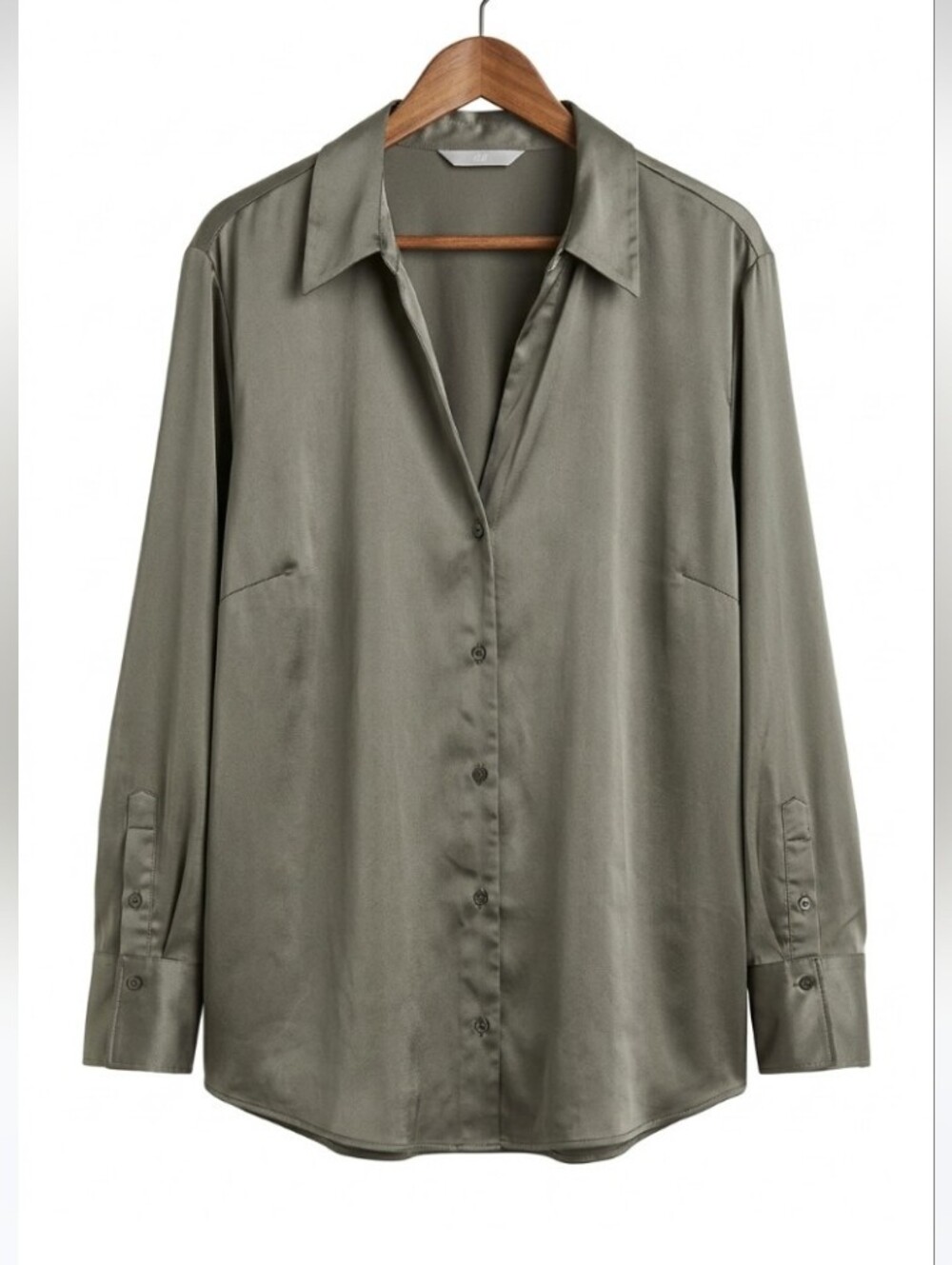 H&M Satin Button-Up V-neck Button Top- Olive Plus